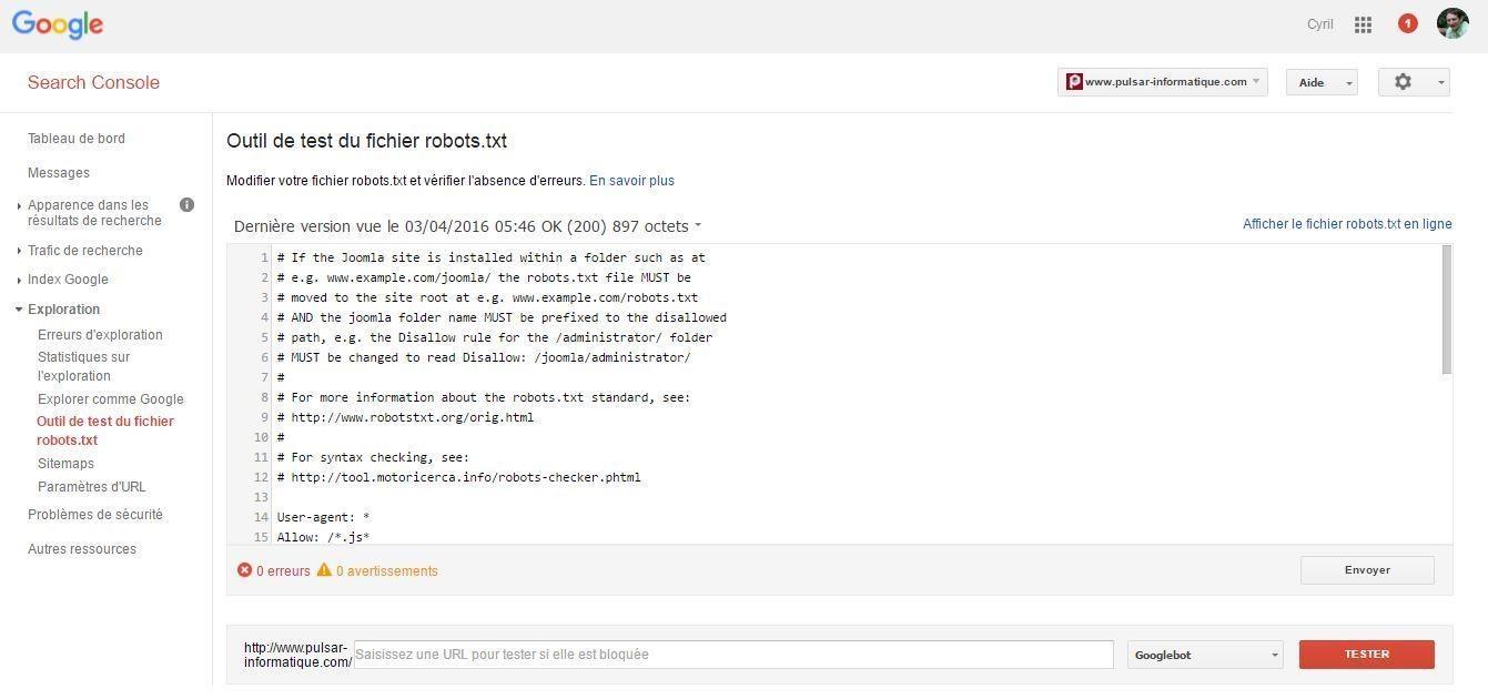 test robots txt google web master tools