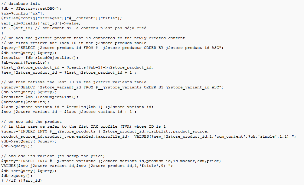 code creation produit j2store