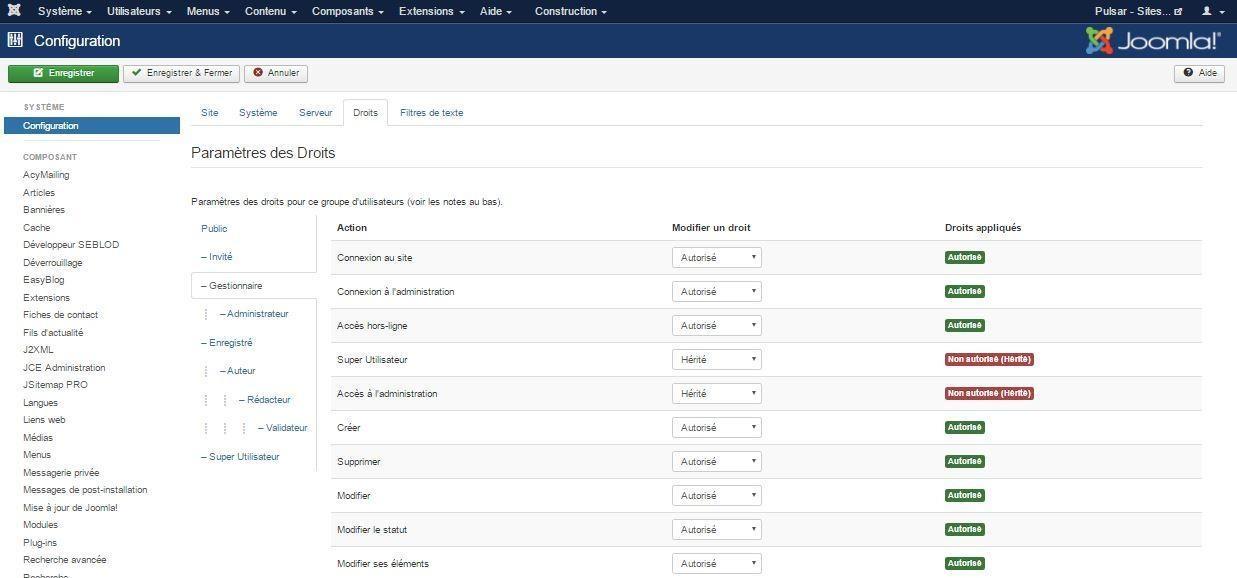 droits acl joomla config generale