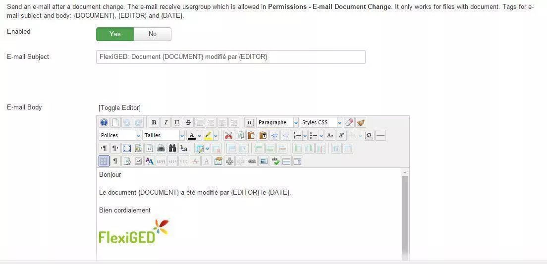 flexiged: configuration du message de notification email