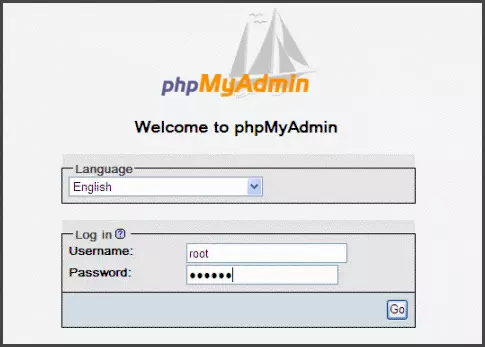 phpmyadmin login screen