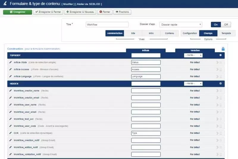 champs SEBLOD pour un workflow Joomla hérité
