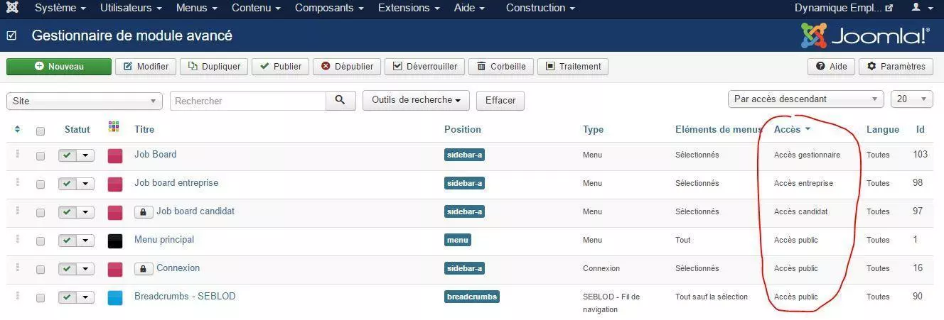 droits acl joomla acl modules