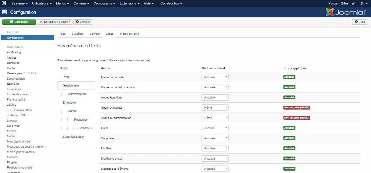 droits acl joomla config generale