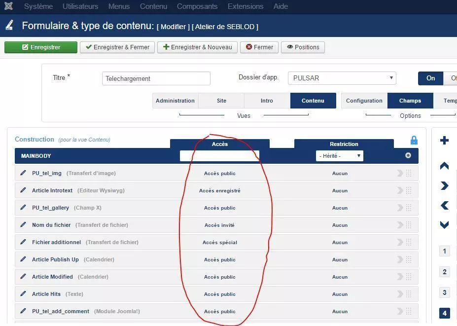 droits acl joomla droits acls champs