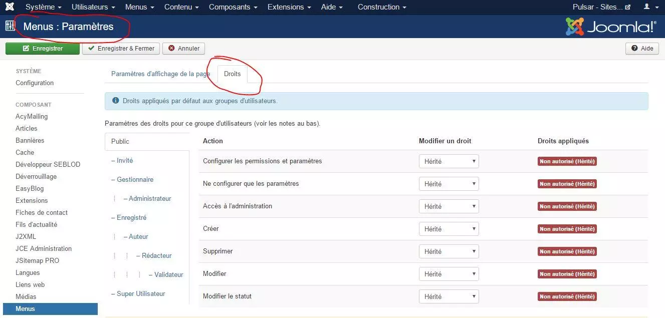 droits acl joomla droits menus detail