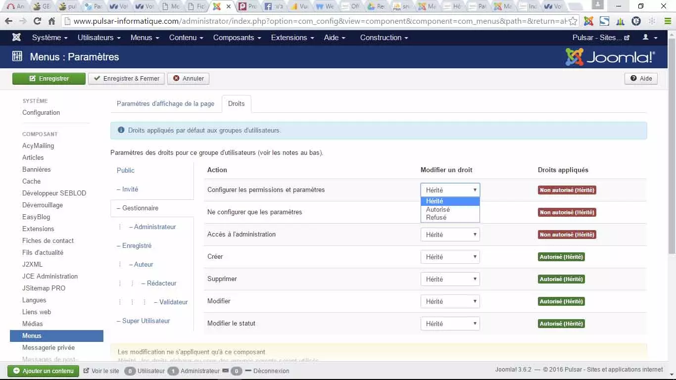 droits acl joomla droits valeurs