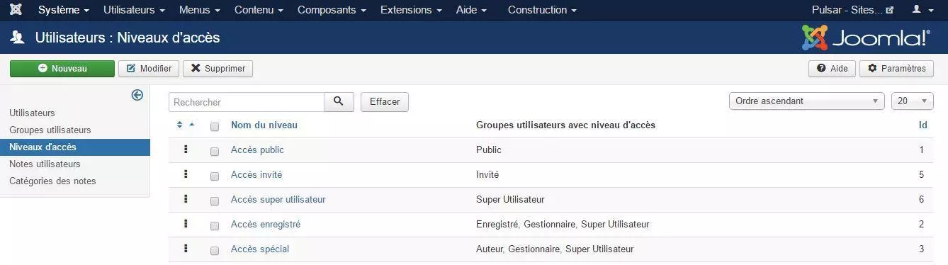 droits acl joomla niveaux