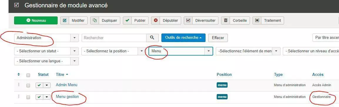 module menu gestion